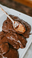 A spoon is scooping chocolate from a pan