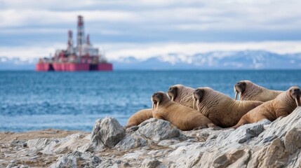 Group of walruses lying on rocky Arctic shore, oil drilling platform in background, industrial contrast