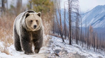 Obraz premium Grizzly bear roaming snowy mountains then bear standing in scorched forest after wildfire
