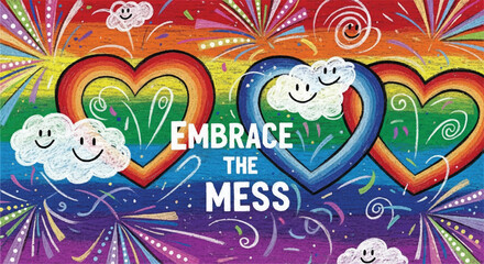 Chalkboard Rainbow Hearts and Fireworks with "Embrace the Mess" Motivational Text