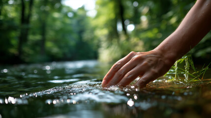 Female hand touching river water surface face obscured nature connection water therapy natural element outdoor wellness sensory experience environmental connection river