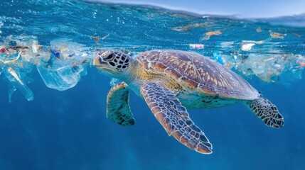 Fototapeta premium Sea turtle swimming through floating plastic waste in the ocean, contrast between nature and pollution, clear blue water