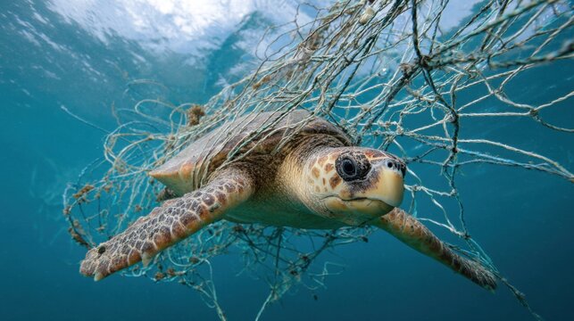 Sea turtle trapped in a discarded fishing net underwater, struggling, symbolic of marine threats