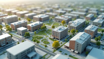 High angle view of modern planned city layout features residential buildings, roads, green parks. Urban design concept integrates sustainable living solutions. Architecture model for future urban