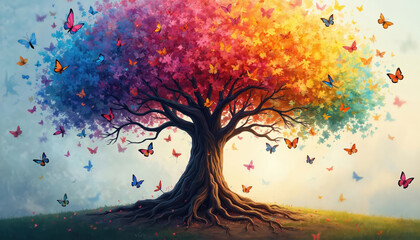 Colorful tree illustration with rainbow leaves and butterflies. Artistic fantasy photo with vibrant colors, creative design. Perfect for art, design projects. Nature, freedom, inspiration concept.