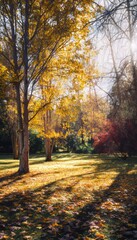 Fototapeta premium Serene autumn park scene with vivid yellow and red foliage and gentle sunlight through trees