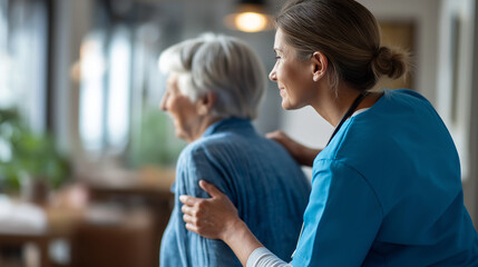 Healthcare worker in scrubs supporting elderly patient from behind faces not shown assisted walking senior mobility help in home nursing care eldercare support geriatric assi