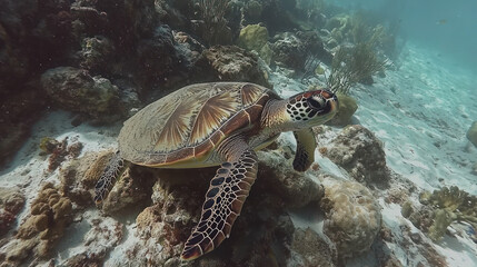 Obraz premium Underwater scene. A sea turtle rests on a reef surrounded by coral and sand, tranquil setting