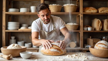 Baker making bread dough, a passionate artisan kneads homemade bread dough. Baker is preparing fresh bread with love and dedication. Concept baker kneading dough for artisanal baked goods,
