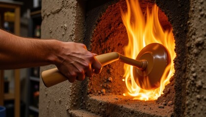 Glass blowing process with glass object in hot kiln. Glass blowing studio features open furnace with bright flames as artisan crafts hot glass. See glass blowing for industry concepts, creative arts,