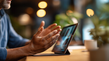 Hands gesturing during video call on tablet face not shown virtual meeting remote communication online consultation telemedicine digital healthcare appointment video