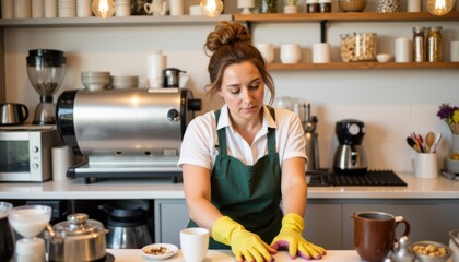 Cafe cleaning in small business, barista wipes down counter with bright yellow gloves. Cafe cleaning scene includes cleaning with bright light, coffee making, and hygiene upkeep.