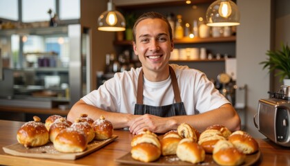 Cheerful baker presents fresh bread, arranging sweet buns in professional bakery. Fresh bread is displayed with pride by smiling baker in his shop, ready for customers.