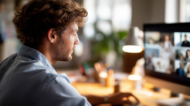 Side view of person at computer with video chat interface face obscured online meeting remote work virtual communication telehealth consultation digital conference home