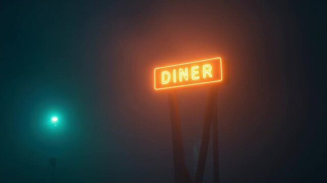 Neon diner sign glowing in foggy nighttime ambience with moving light