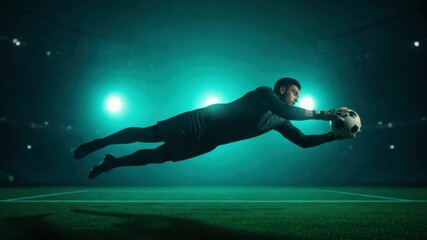 Goalkeeper's dynamic midair dive catching soccer ball with intensity on the field - Powered by Adobe