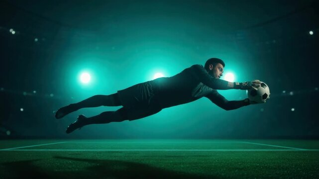 Goalkeeper's dynamic midair dive catching soccer ball with intensity on the field