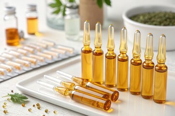 Collection of Golden Liquid Vials Arranged on a White Tray for Health Purposes