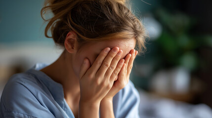 Fototapeta premium Sad young woman's hands covering face sitting on floor face obscured depression grief psychological trauma mental health crisis emotional distress anxiety loss coping bed