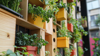 Fototapeta premium Green plants thrive in a wooden wall, featuring colorful pots, creating a vibrant outdoor display