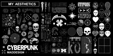 Collection of cyberpunk and gothic aesthetic elements and graphics for design projects