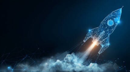 Futuristic blue wireframe rocket launching from dark tech background with glowing exhaust and clouds
