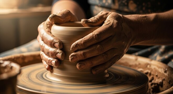 Close-up of potter’s hands shaping clay on a spinning wheel, earthy tones,  detailed texture craftsmanship and artistry