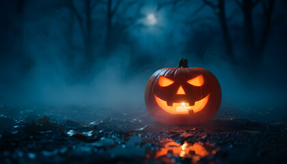 Obraz premium Glowing Halloween Jack-o’-lantern on foggy night with moonlight background