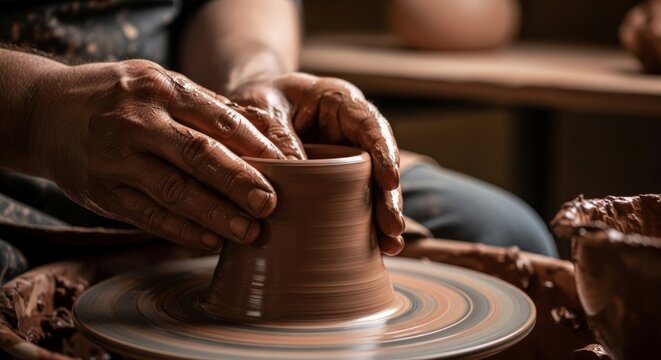 Close-up of potter’s hands shaping clay on a spinning wheel, earthy tones, detailed texture craftsmanship and artistry