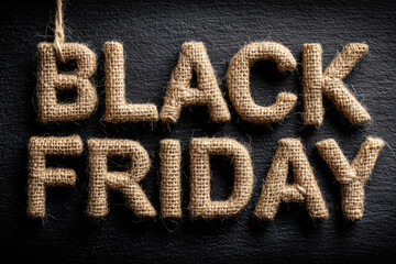 Burlap letters clearly spell BLACK FRIDAY on a textured dark background. Rustic, impactful visual is ideal for marketing sales, discounts, and holiday shopping events.