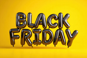 Shiny black balloon letters spell out Black Friday on a vibrant yellow background. promotional banner is perfect for sales, discounts, and shopping events.