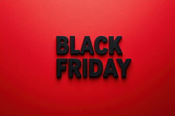 black BLACK FRIDAY text with textured surface stands out on a vibrant red background. Perfect for holiday sales, shopping discounts, and special offers advertisements.