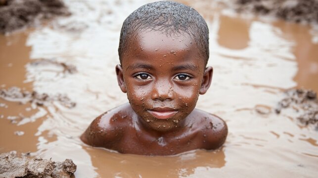 Boy playing in muddy water with a joyful expression in a rural area - Powered by Adobe