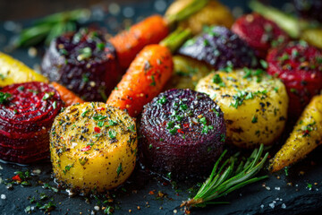 Fototapeta premium Colorful roasted root vegetables on matte slate background with space for text