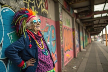 Fototapeta premium Colorful Woman Enjoying Street Art in Vibrant Urban Setting During Daytime