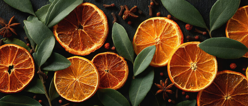 Dried orange slices and cloves arranged on dark background with center space for text