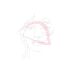 Woman face with flower and pink brush stroke single line art
