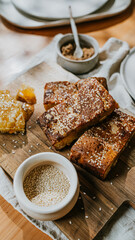A plate of brown bread with sesame seeds and honey on a wooden table