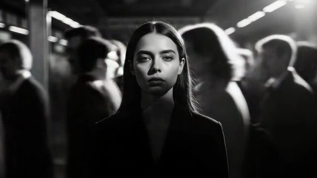 Calm amidst chaos: woman walking through busy city crowd in black and white