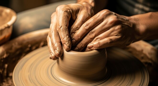 Close-up of potter’s hands shaping clay on a spinning wheel, earthy tones,  detailed texture craftsmanship and artistry