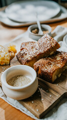 A plate of bread and honey sits on a wooden board