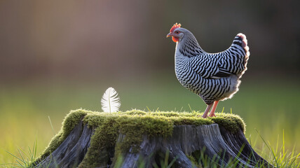 Chicken standing on a mossy tree stump in a sunny meadow  
