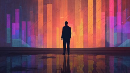 Contemplative silhouette against vibrant abstract financial graph in futuristic illustration style