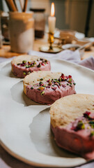 Three small cakes with pink frosting and green sprinkles on top
