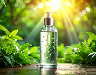 Eco Friendly Natural Skincare Product Bottle in Lush Greenery with Sunlight Rays