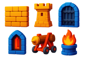 Fortress Defense Icons. 3D icon set of fortress defense: stone wall, rook tower, iron gate, arrow slit, battering ram, watch fire.