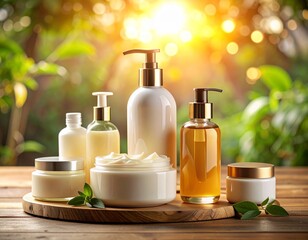 Luxurious Natural Skincare Products Arranged on Wooden Surface with Golden Sunlight and Greenery Background