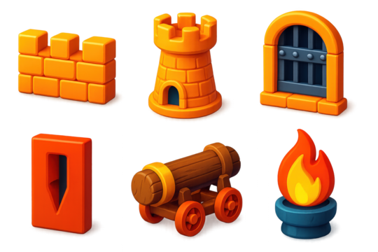 Fortress Defense Icons. 3D icon set of fortress defense: stone wall, rook tower, iron gate, arrow slit, battering ram, watch fire.