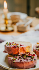 A dessert with pink frosting and green nuts on top