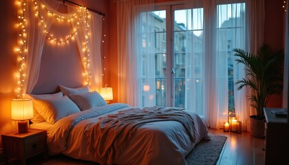 Cozy bedroom with large bed, canopies, glowing garland at night. White curtains, lamps, candles create warm lighting. Green plant by window adds natural touch. City view visible through sheer